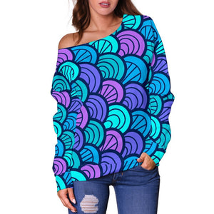 Teal Pink Mermaid Scales Pattern Print Off Shoulder Sweatshirt GearFrost