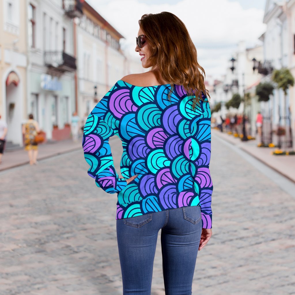 Teal Pink Mermaid Scales Pattern Print Off Shoulder Sweatshirt GearFrost