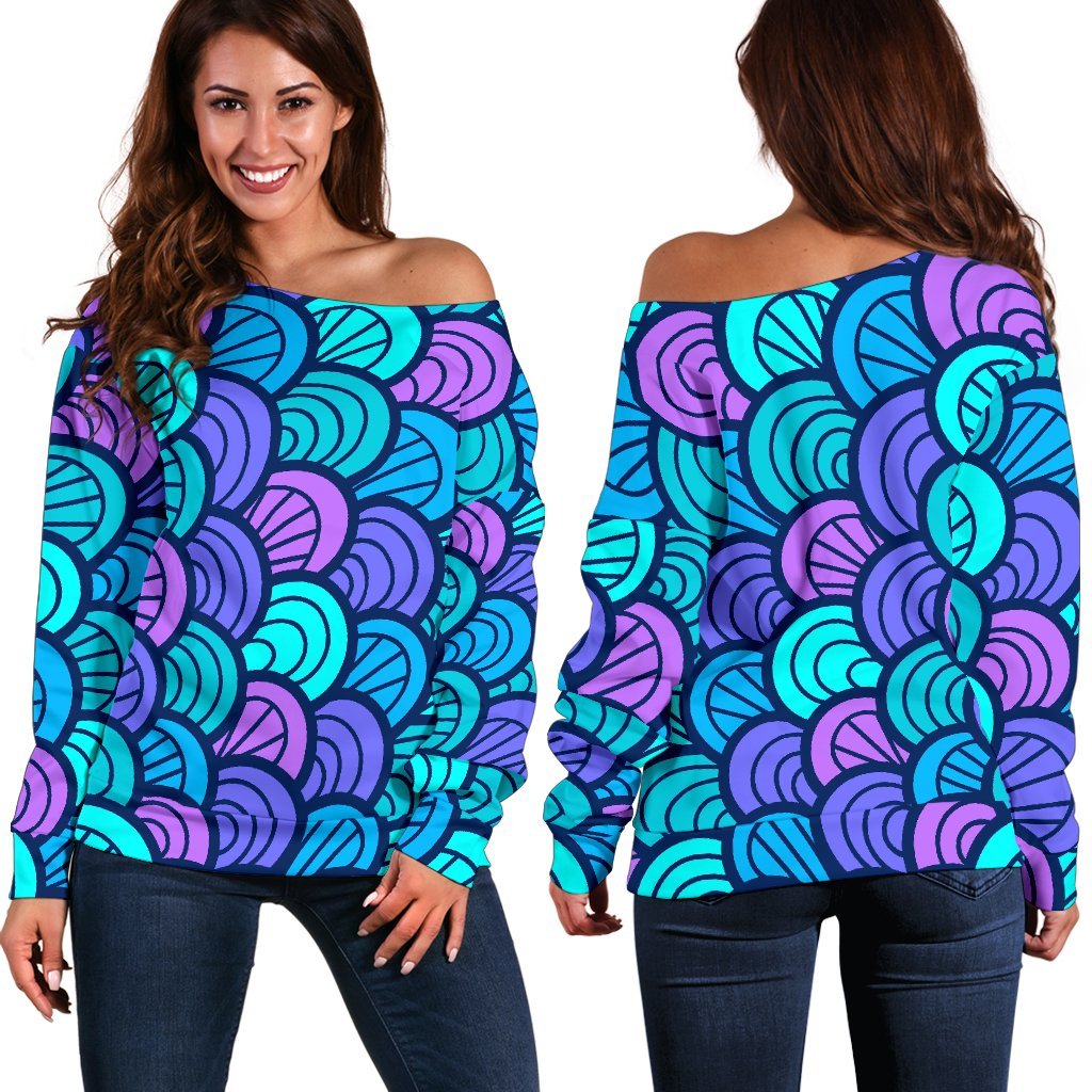 Teal Pink Mermaid Scales Pattern Print Off Shoulder Sweatshirt GearFrost