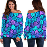 Teal Pink Mermaid Scales Pattern Print Off Shoulder Sweatshirt GearFrost