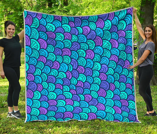 Teal Pink Mermaid Scales Pattern Print Quilt