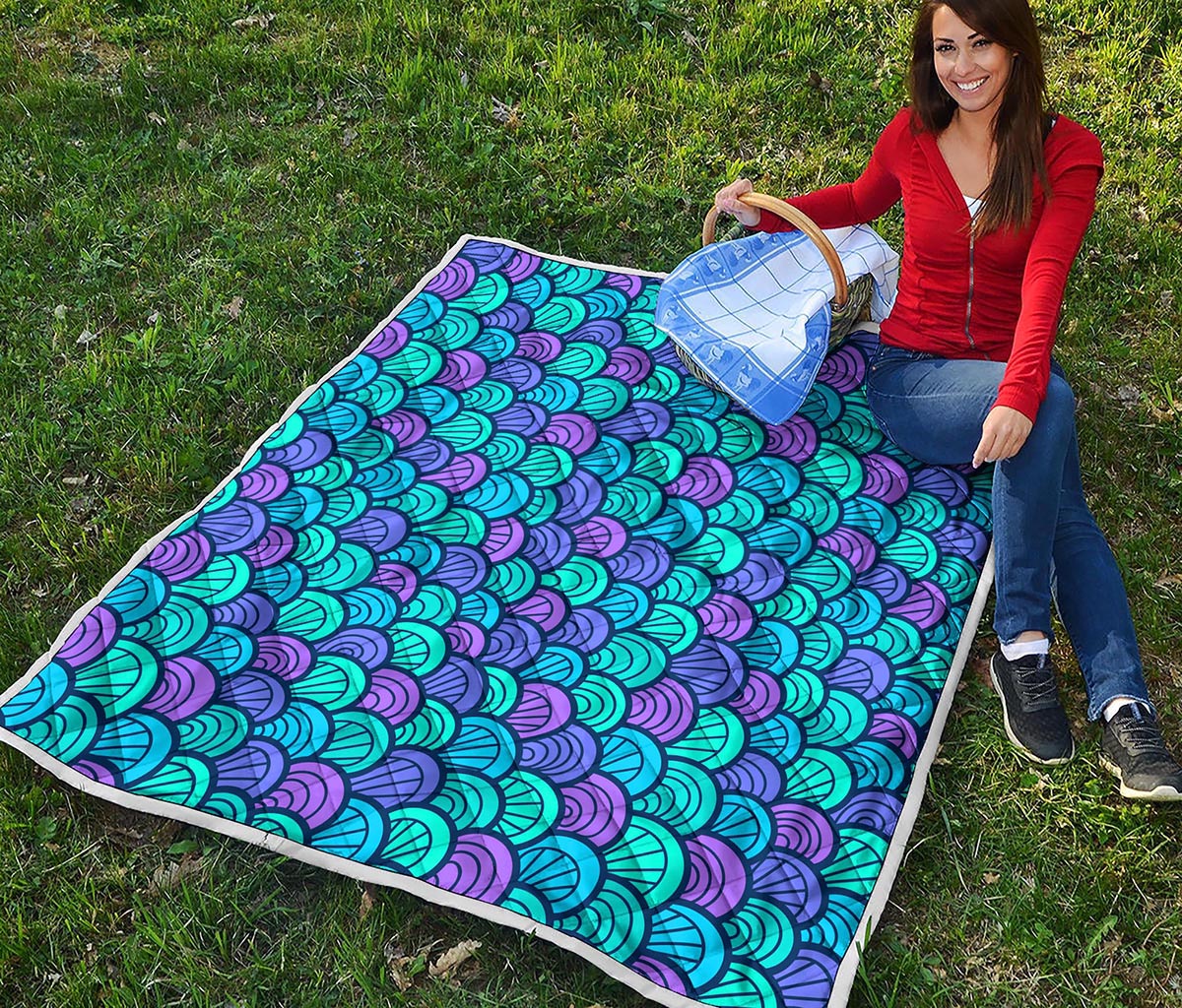 Teal Pink Mermaid Scales Pattern Print Quilt