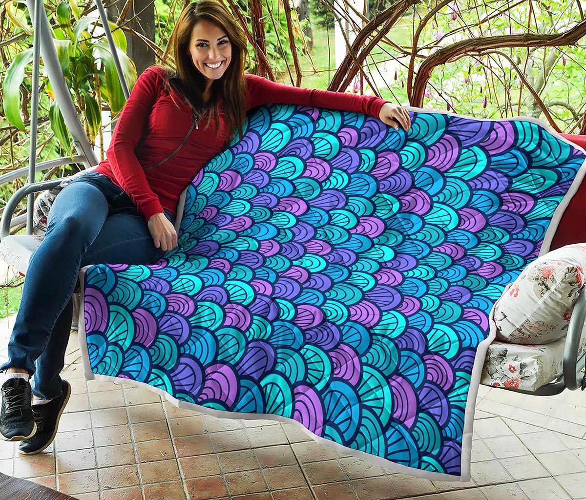 Teal Pink Mermaid Scales Pattern Print Quilt