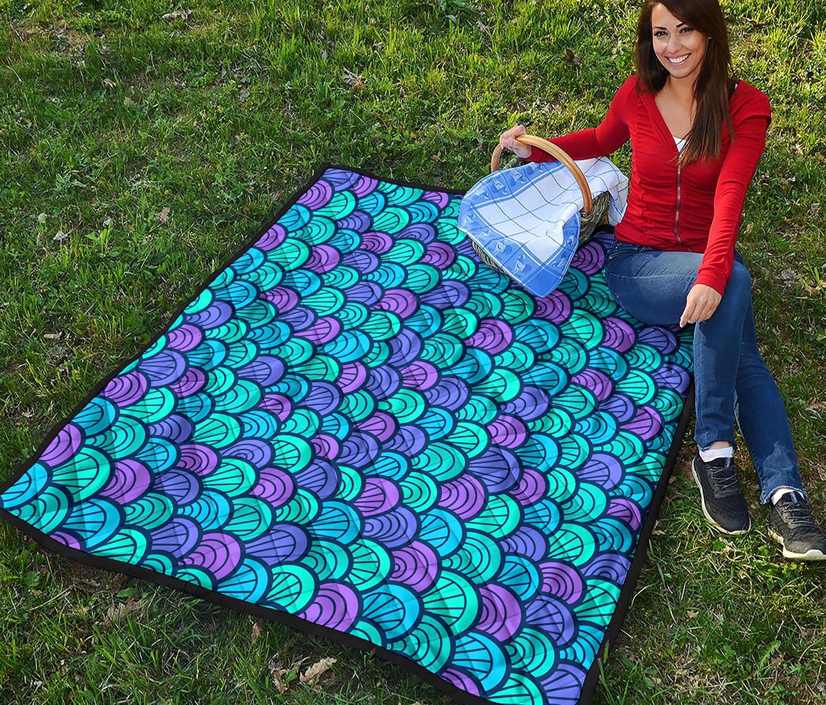 Teal Pink Mermaid Scales Pattern Print Quilt