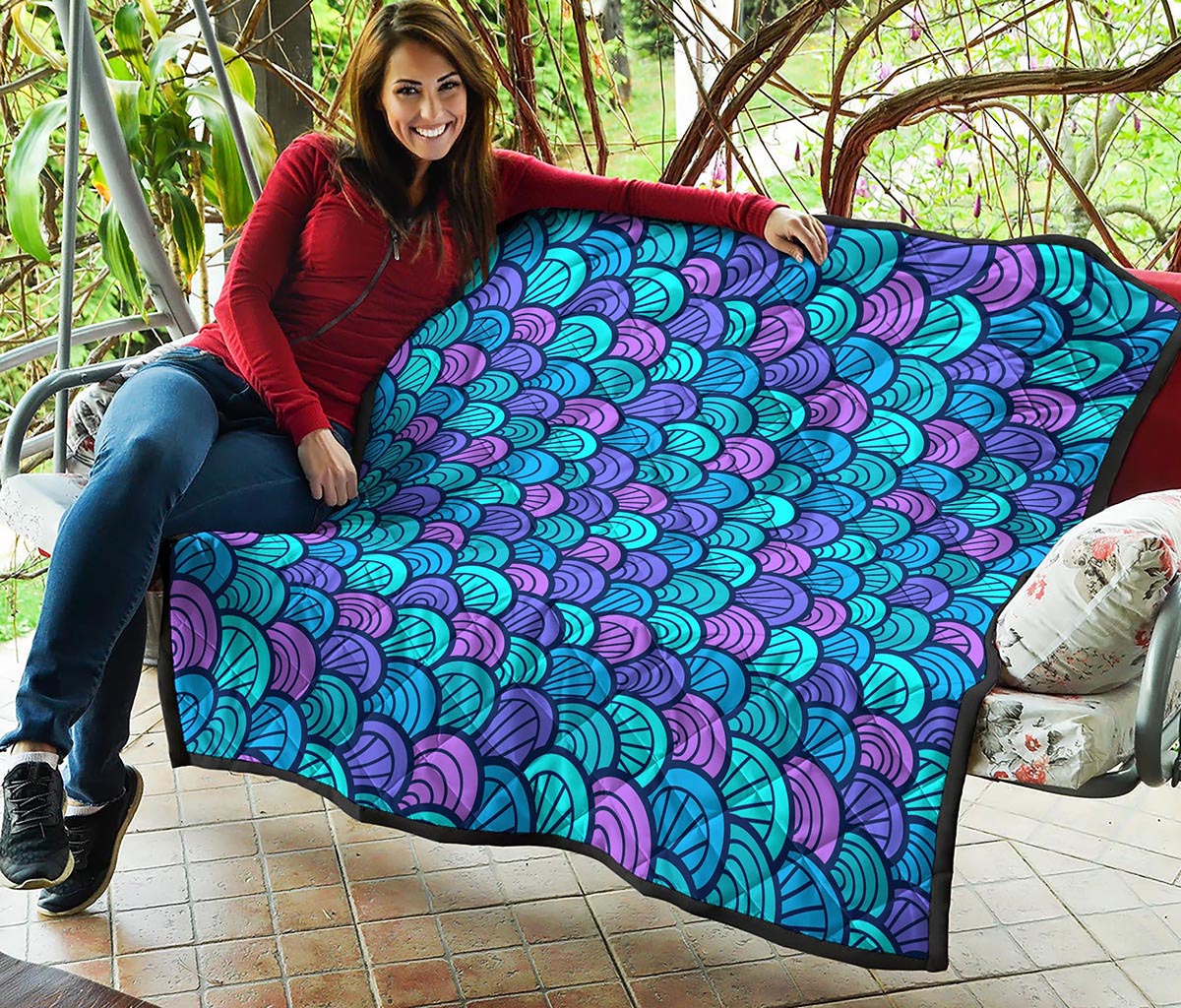 Teal Pink Mermaid Scales Pattern Print Quilt