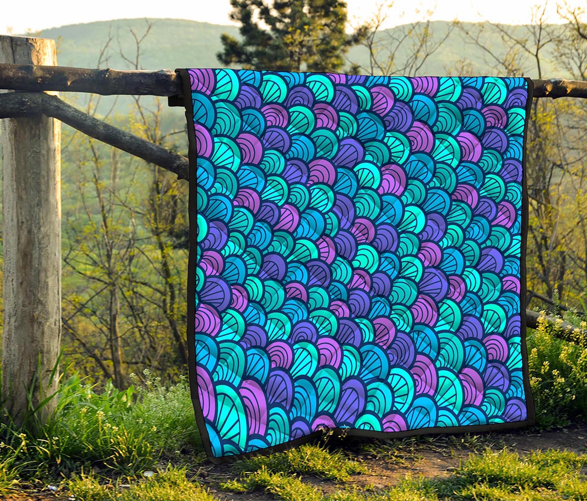 Teal Pink Mermaid Scales Pattern Print Quilt