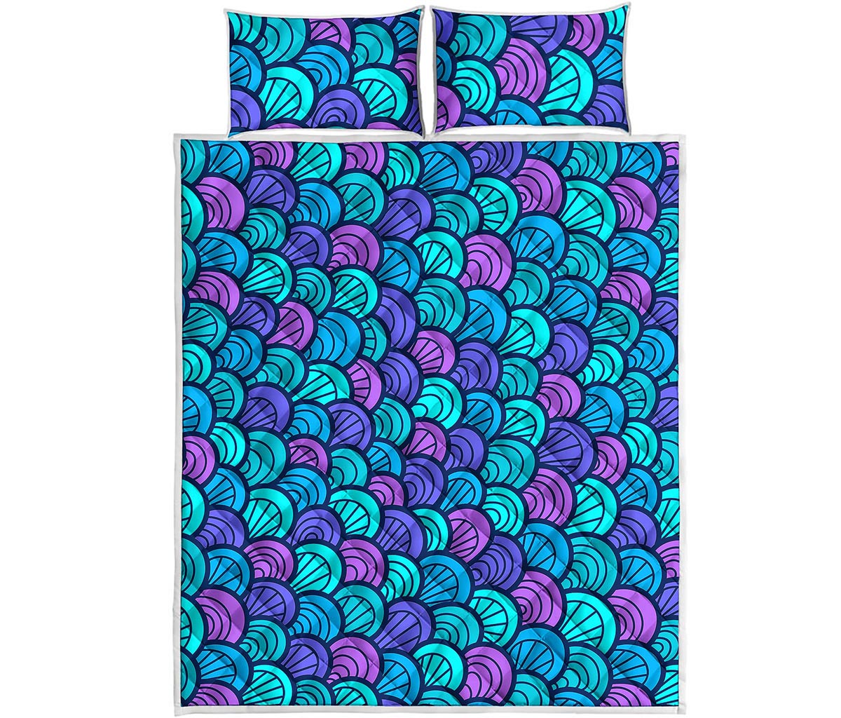 Teal Pink Mermaid Scales Pattern Print Quilt Bed Set