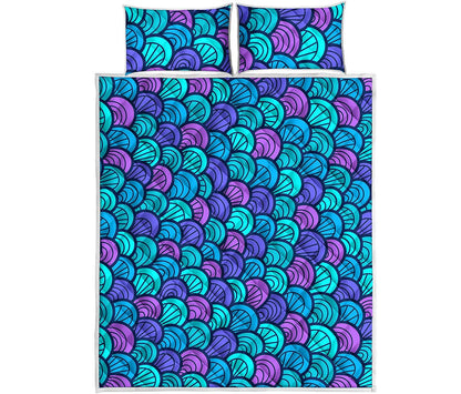 Teal Pink Mermaid Scales Pattern Print Quilt Bed Set