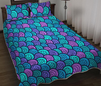 Teal Pink Mermaid Scales Pattern Print Quilt Bed Set