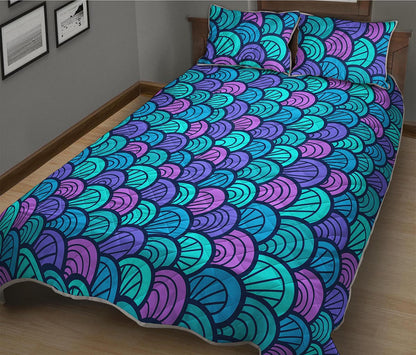 Teal Pink Mermaid Scales Pattern Print Quilt Bed Set