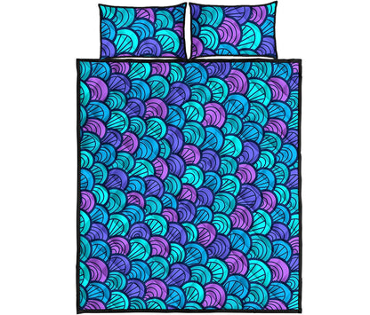 Teal Pink Mermaid Scales Pattern Print Quilt Bed Set