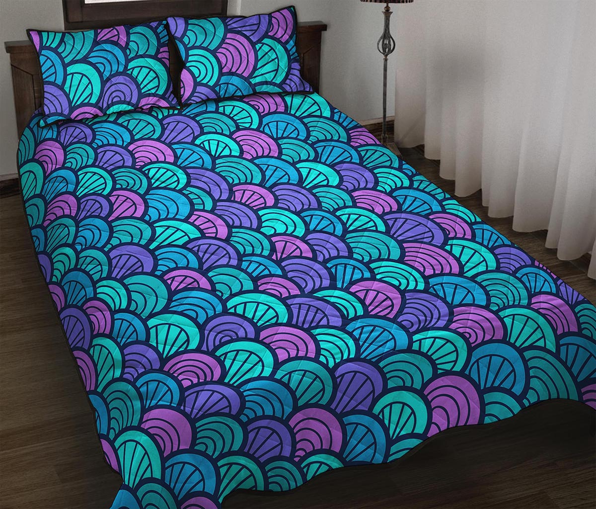 Teal Pink Mermaid Scales Pattern Print Quilt Bed Set