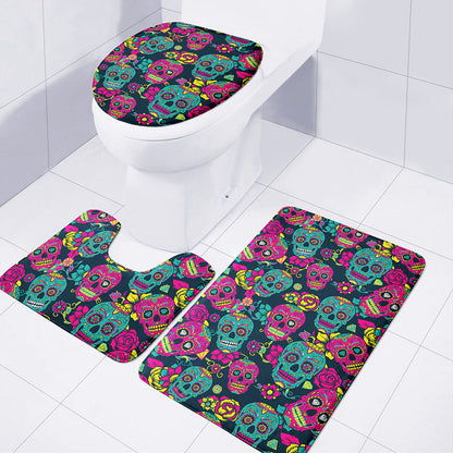 Teal Pink Sugar Skull Pattern Print 3 Piece Bath Mat Set