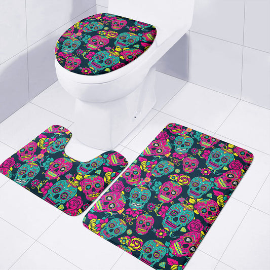 Teal Pink Sugar Skull Pattern Print 3 Piece Bath Mat Set