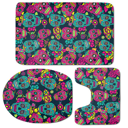 Teal Pink Sugar Skull Pattern Print 3 Piece Bath Mat Set
