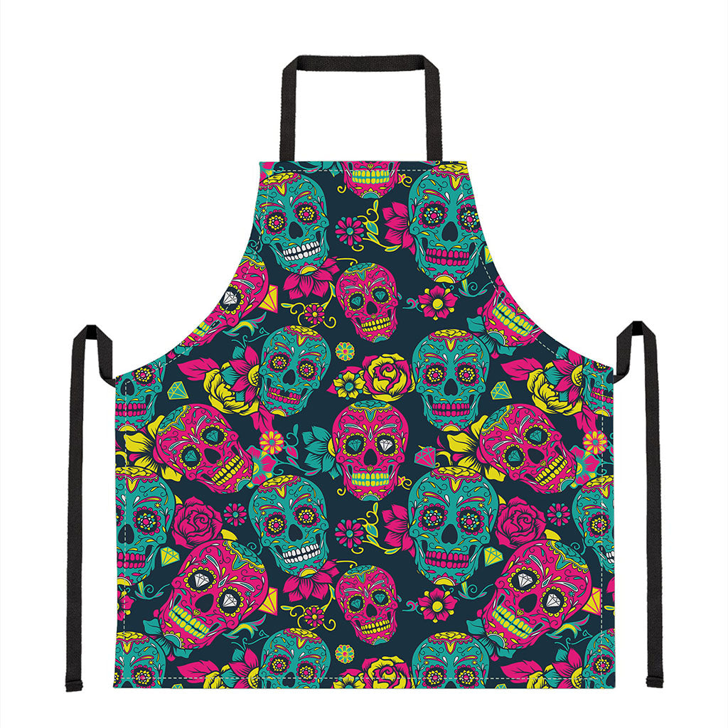 Teal Pink Sugar Skull Pattern Print Apron