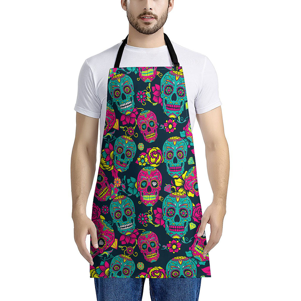 Teal Pink Sugar Skull Pattern Print Apron