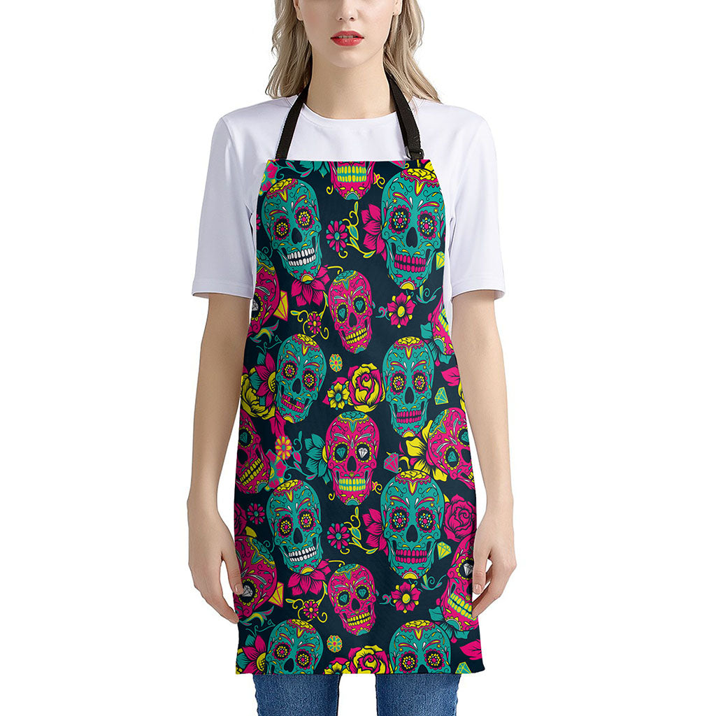 Teal Pink Sugar Skull Pattern Print Apron