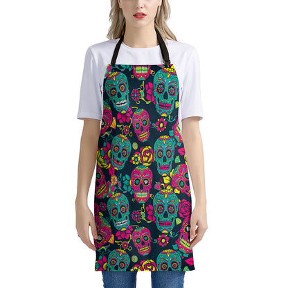 Teal Pink Sugar Skull Pattern Print Apron