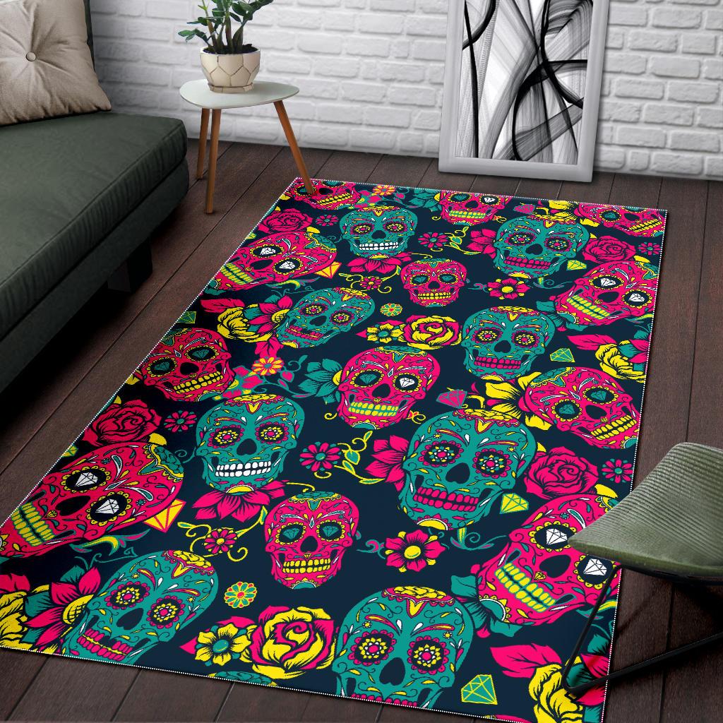 Teal Pink Sugar Skull Pattern Print Area Rug GearFrost