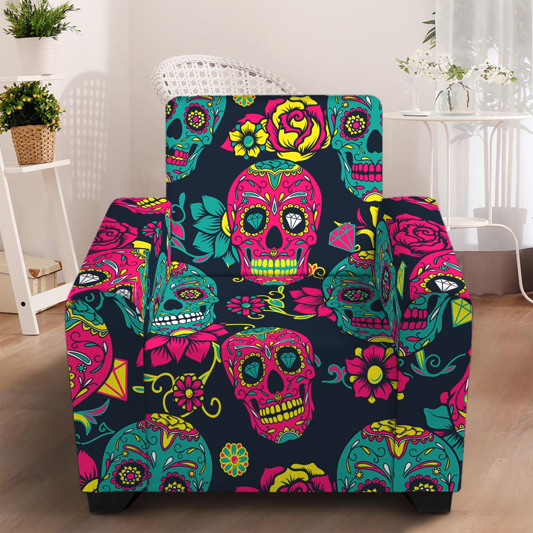 Teal Pink Sugar Skull Pattern Print Armchair Slipcover