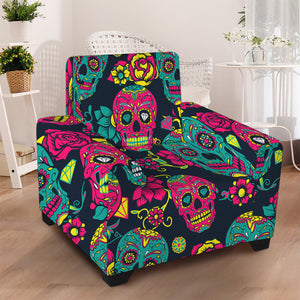 Teal Pink Sugar Skull Pattern Print Armchair Slipcover