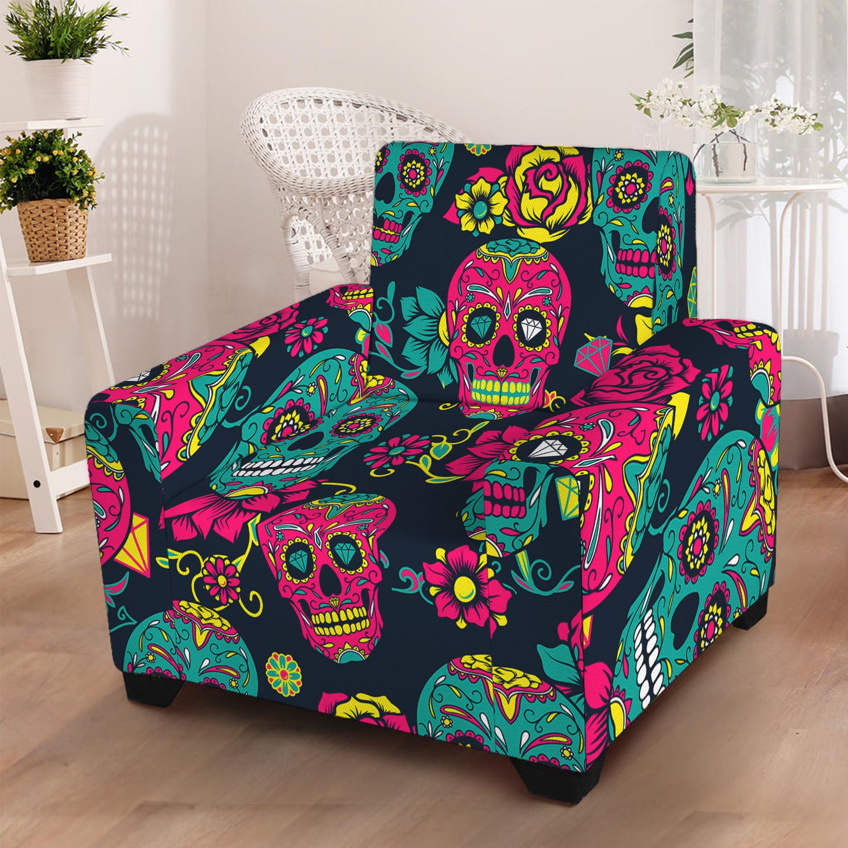 Teal Pink Sugar Skull Pattern Print Armchair Slipcover