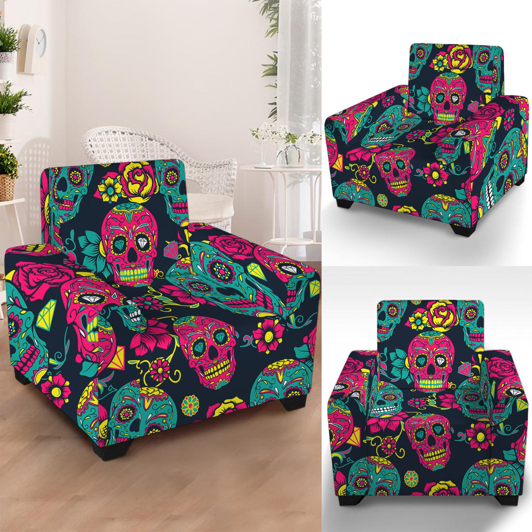 Teal Pink Sugar Skull Pattern Print Armchair Slipcover