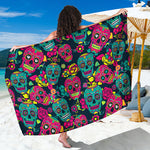 Teal Pink Sugar Skull Pattern Print Beach Sarong Wrap