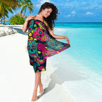 Teal Pink Sugar Skull Pattern Print Beach Sarong Wrap