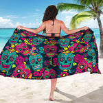 Teal Pink Sugar Skull Pattern Print Beach Sarong Wrap