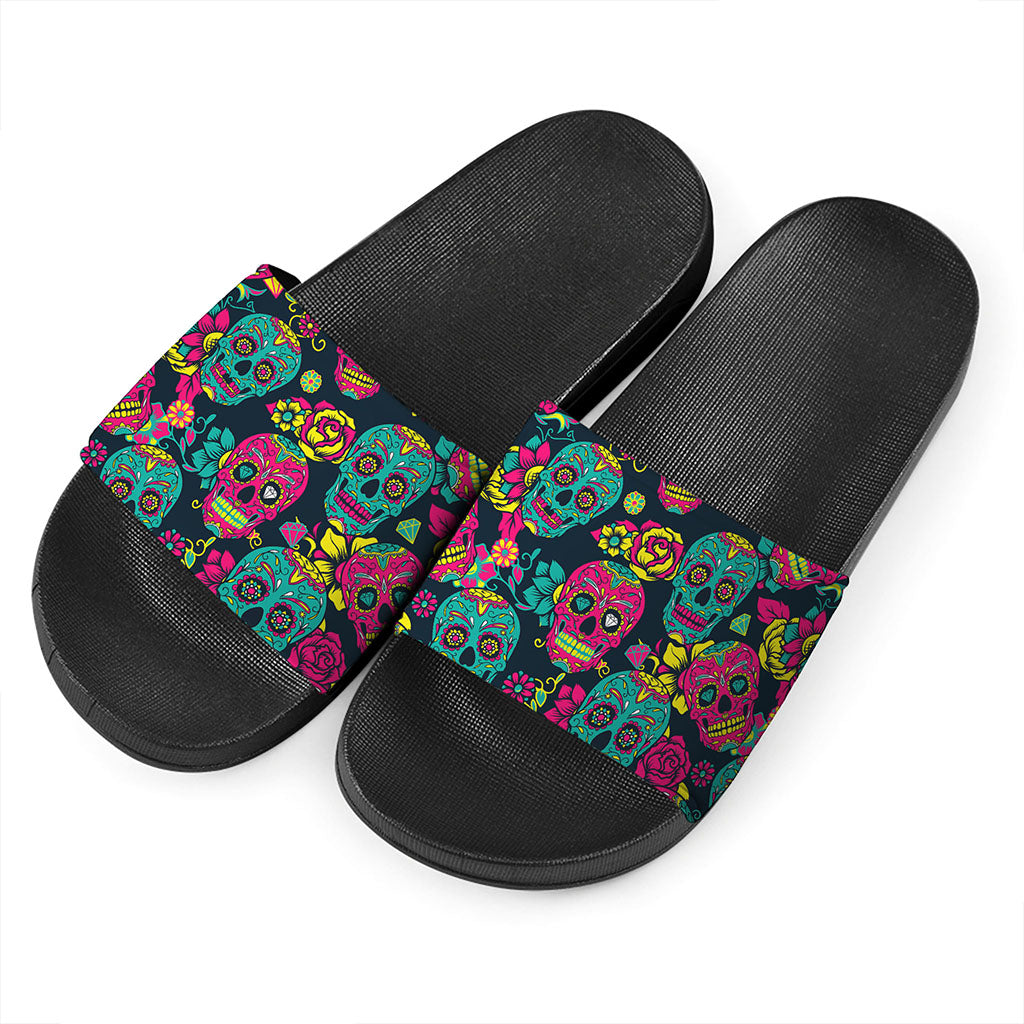 Teal Pink Sugar Skull Pattern Print Black Slide Sandals