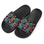 Teal Pink Sugar Skull Pattern Print Black Slide Sandals