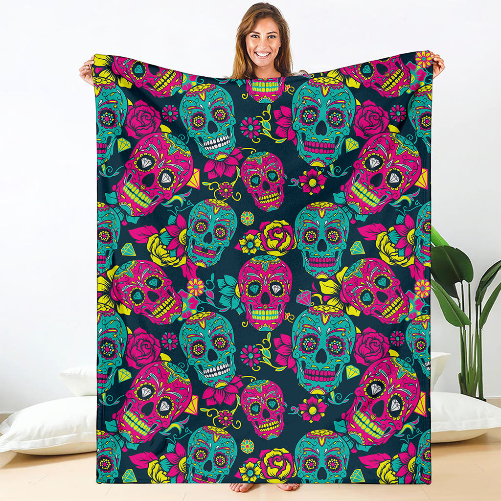 Teal Pink Sugar Skull Pattern Print Blanket