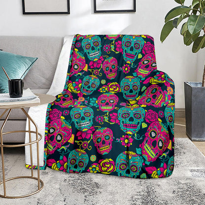 Teal Pink Sugar Skull Pattern Print Blanket