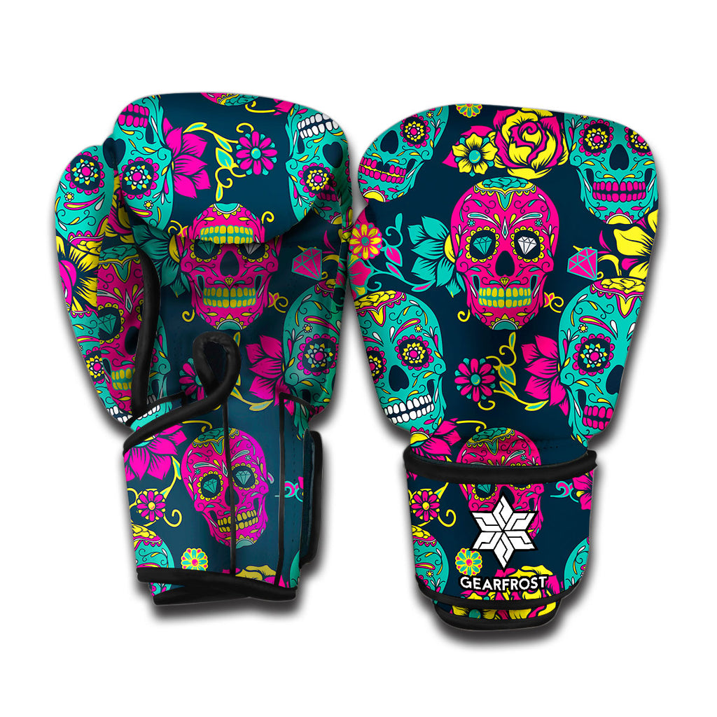 Teal Pink Sugar Skull Pattern Print Boxing Gloves