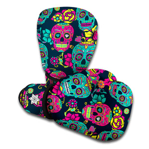 Teal Pink Sugar Skull Pattern Print Boxing Gloves