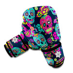 Teal Pink Sugar Skull Pattern Print Boxing Gloves