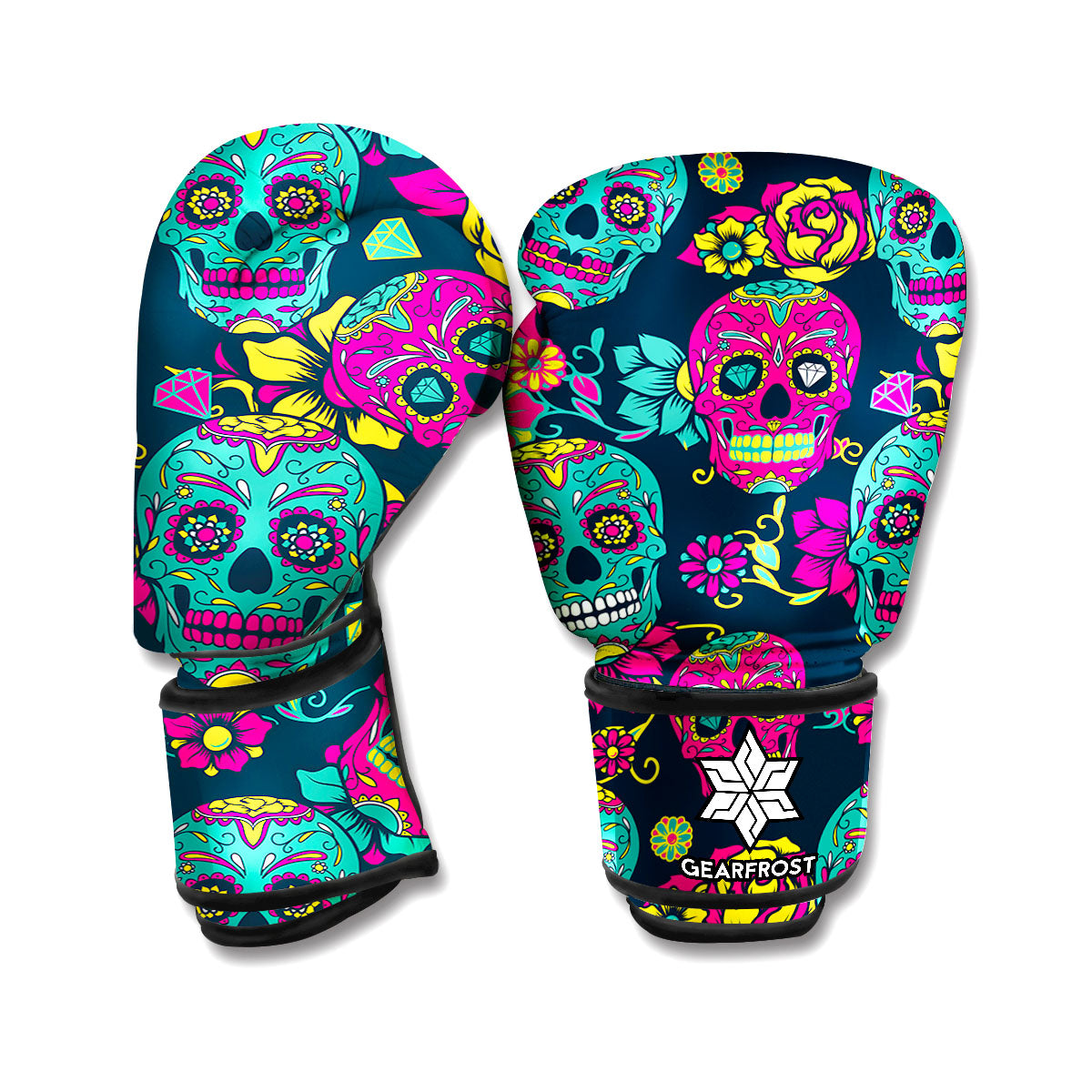 Teal Pink Sugar Skull Pattern Print Boxing Gloves