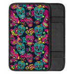 Teal Pink Sugar Skull Pattern Print Car Center Console Cover