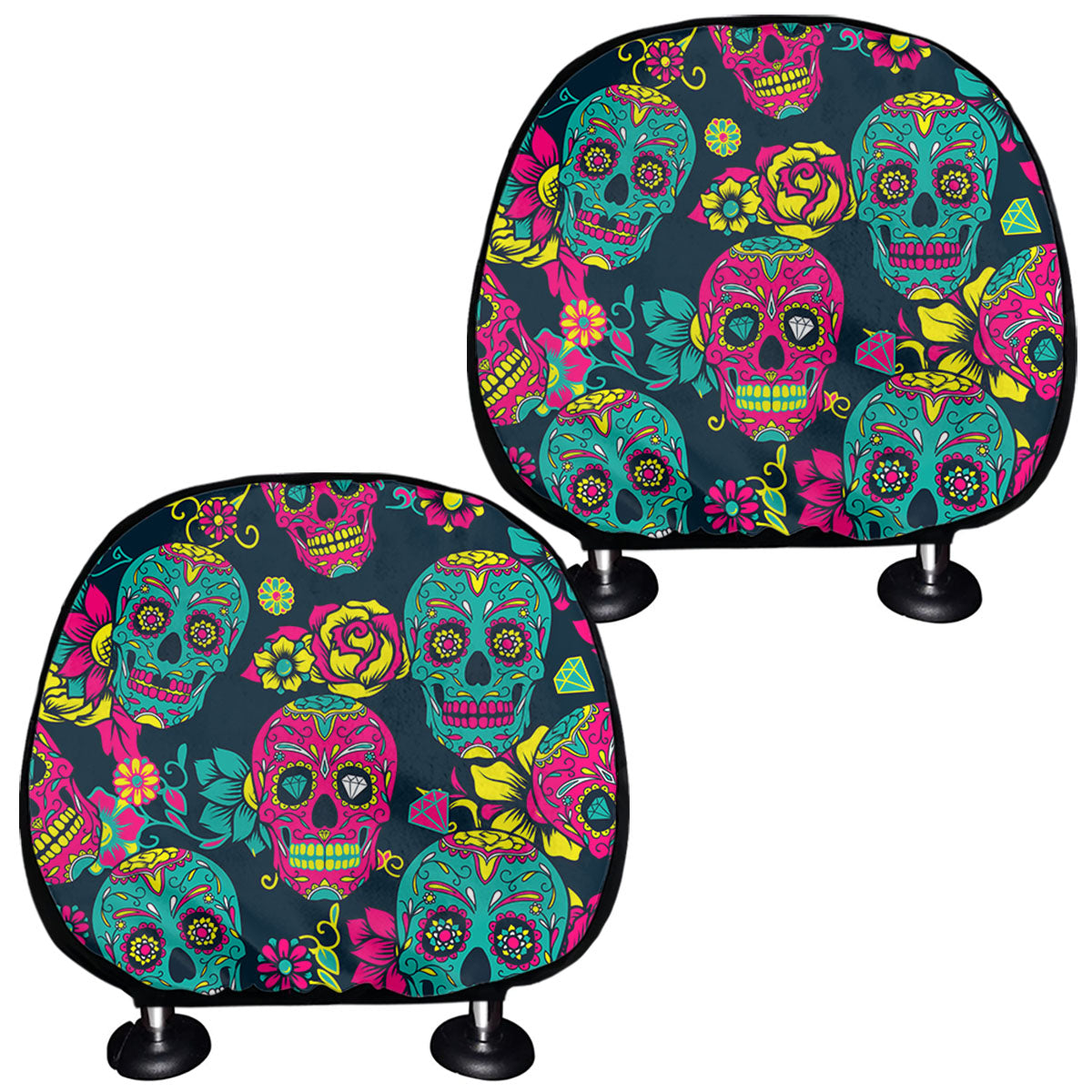 Teal Pink Sugar Skull Pattern Print Car Headrest Covers