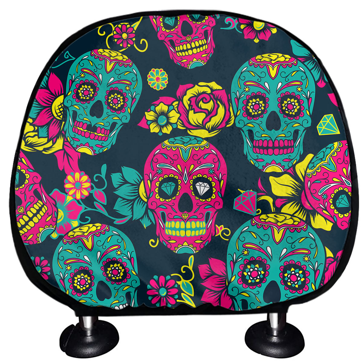 Teal Pink Sugar Skull Pattern Print Car Headrest Covers