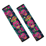 Teal Pink Sugar Skull Pattern Print Car Seat Belt Covers