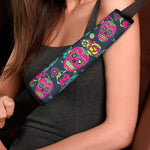 Teal Pink Sugar Skull Pattern Print Car Seat Belt Covers