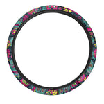 Teal Pink Sugar Skull Pattern Print Car Steering Wheel Cover