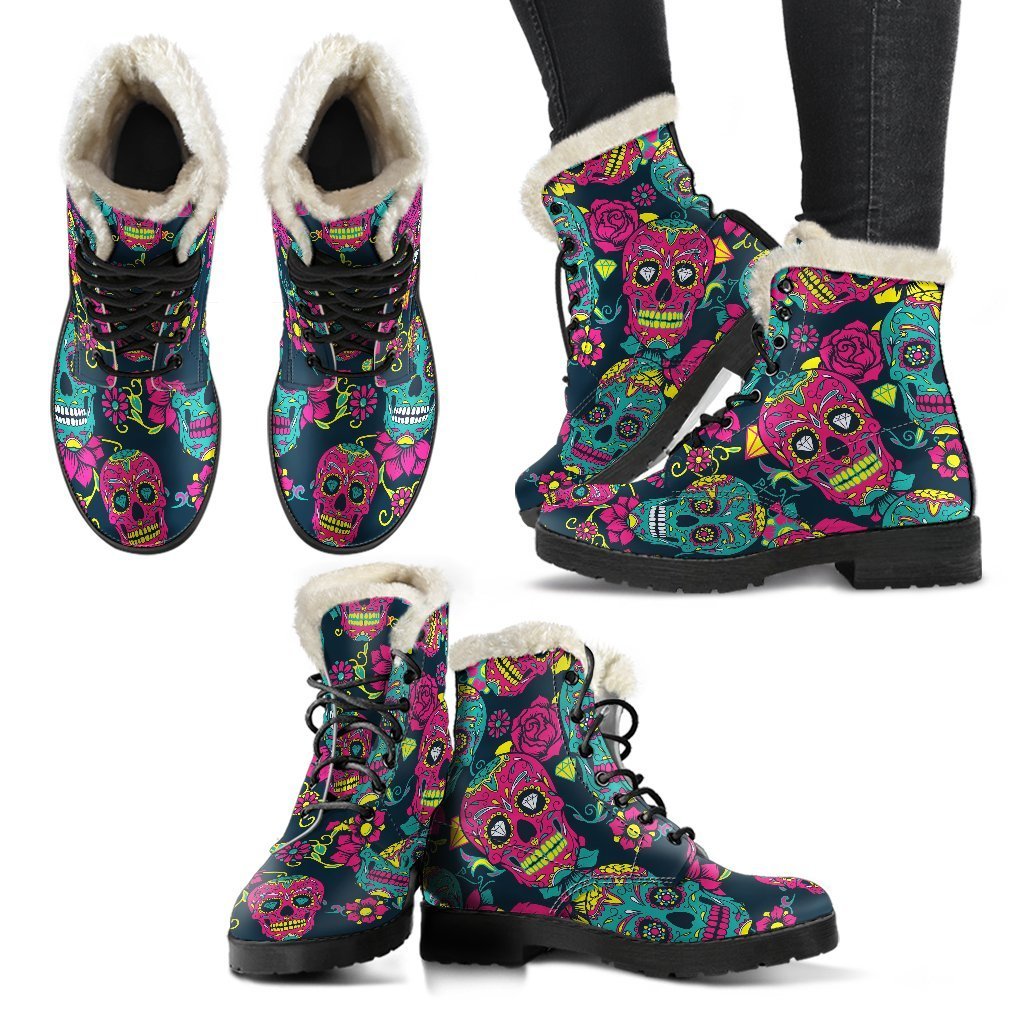 Teal Pink Sugar Skull Pattern Print Comfy Boots GearFrost