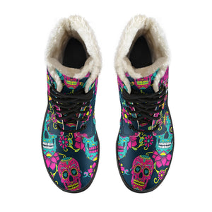 Teal Pink Sugar Skull Pattern Print Comfy Boots GearFrost