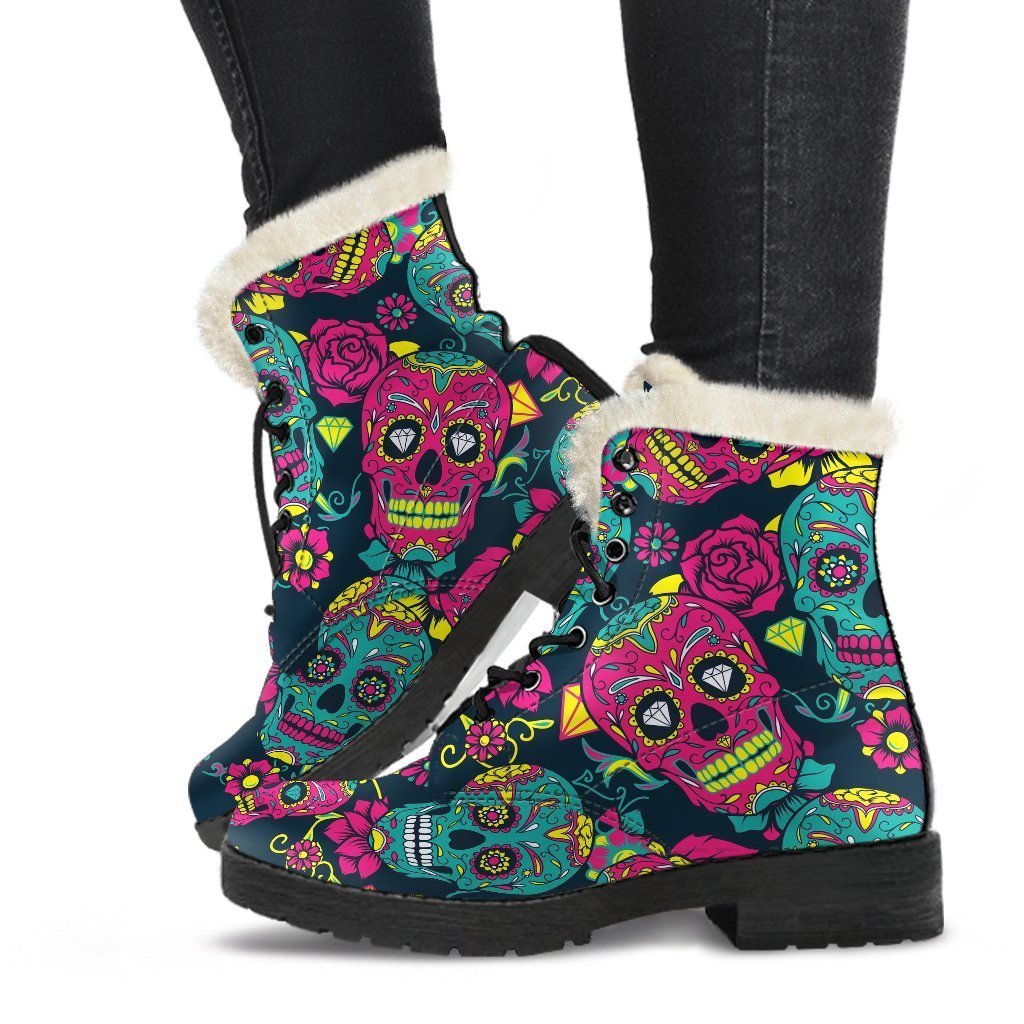 Teal Pink Sugar Skull Pattern Print Comfy Boots GearFrost