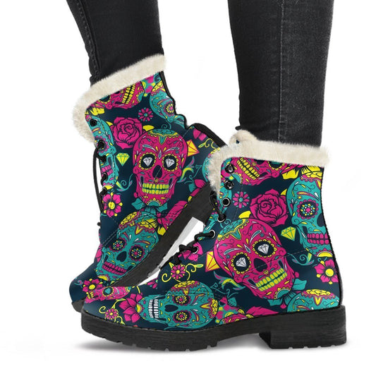 Teal Pink Sugar Skull Pattern Print Comfy Boots GearFrost