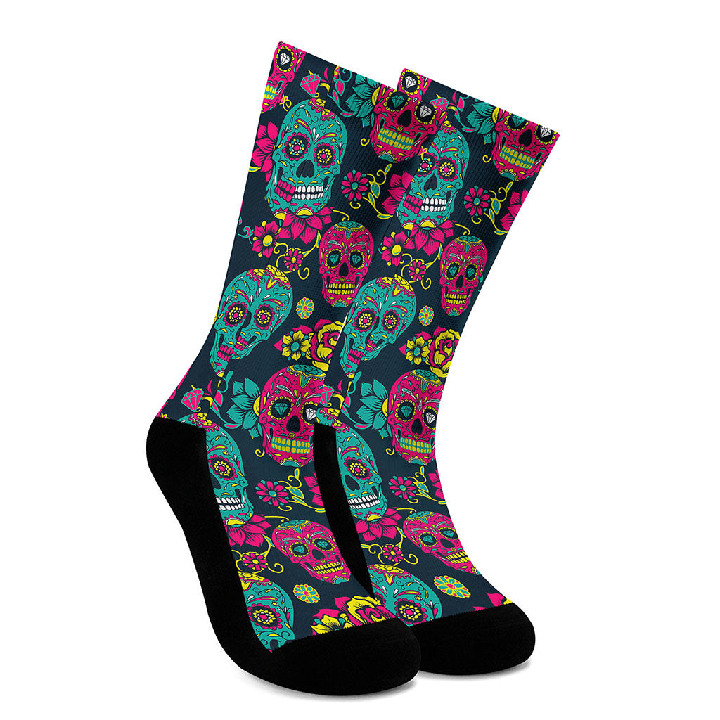 Teal Pink Sugar Skull Pattern Print Crew Socks